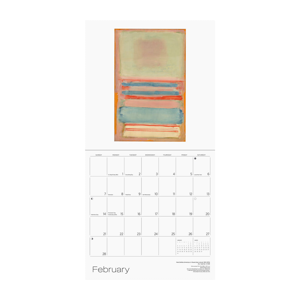 Calendar page for February with image of an abstract painting.  