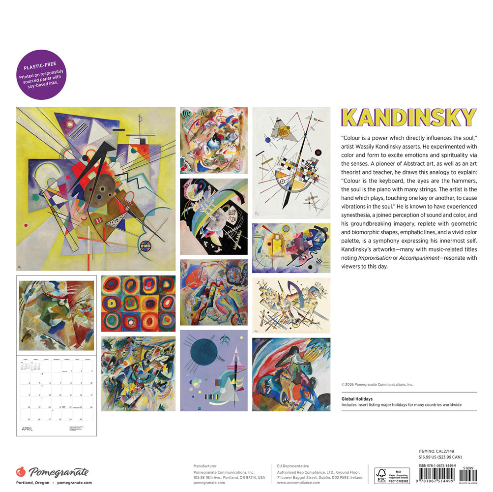 Back cover of Kandinsky calendar featuring artwork and text. 