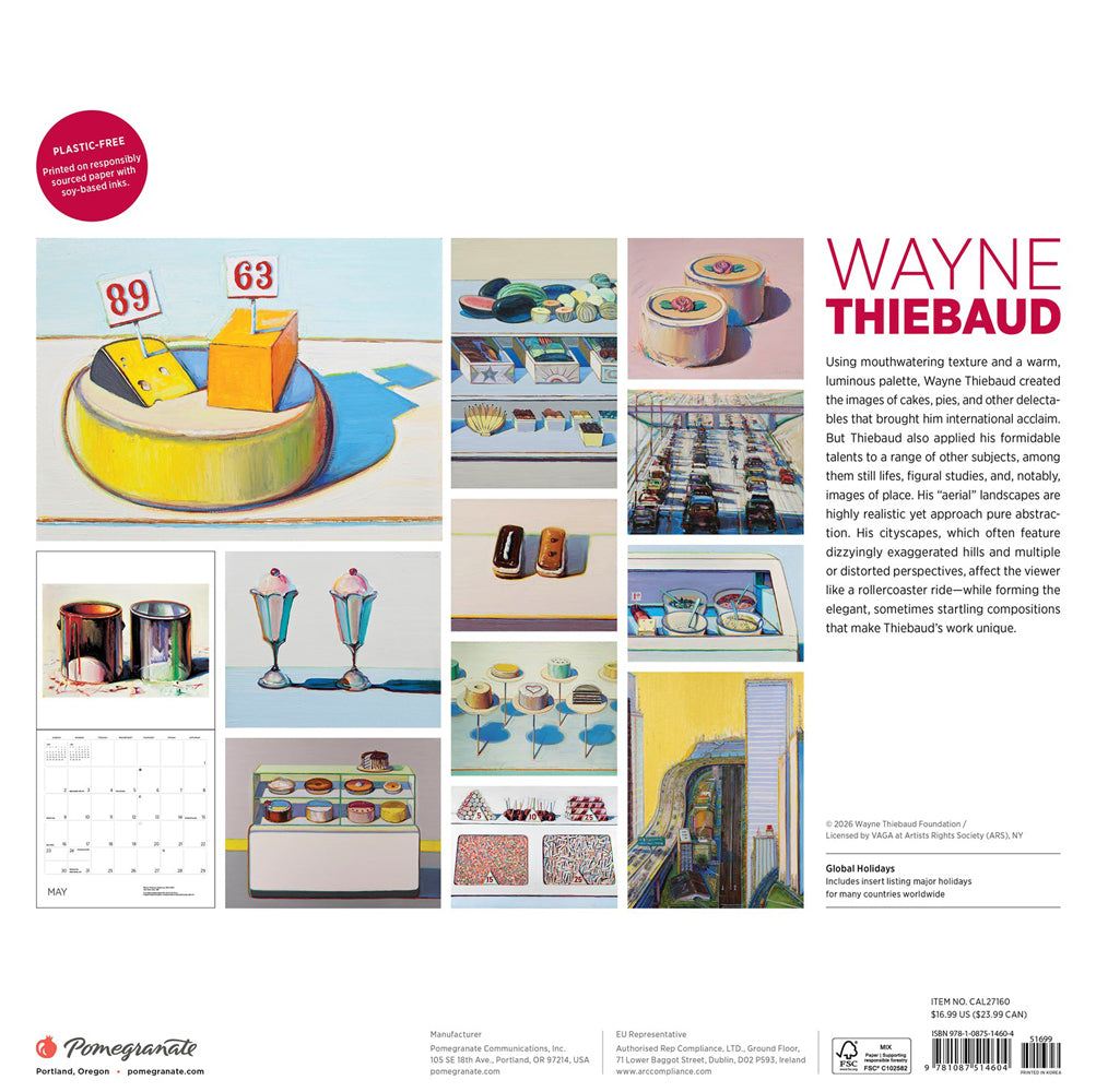 Back cover of Wayne Thiebaud 2027 calendar featuring artworks and text. 