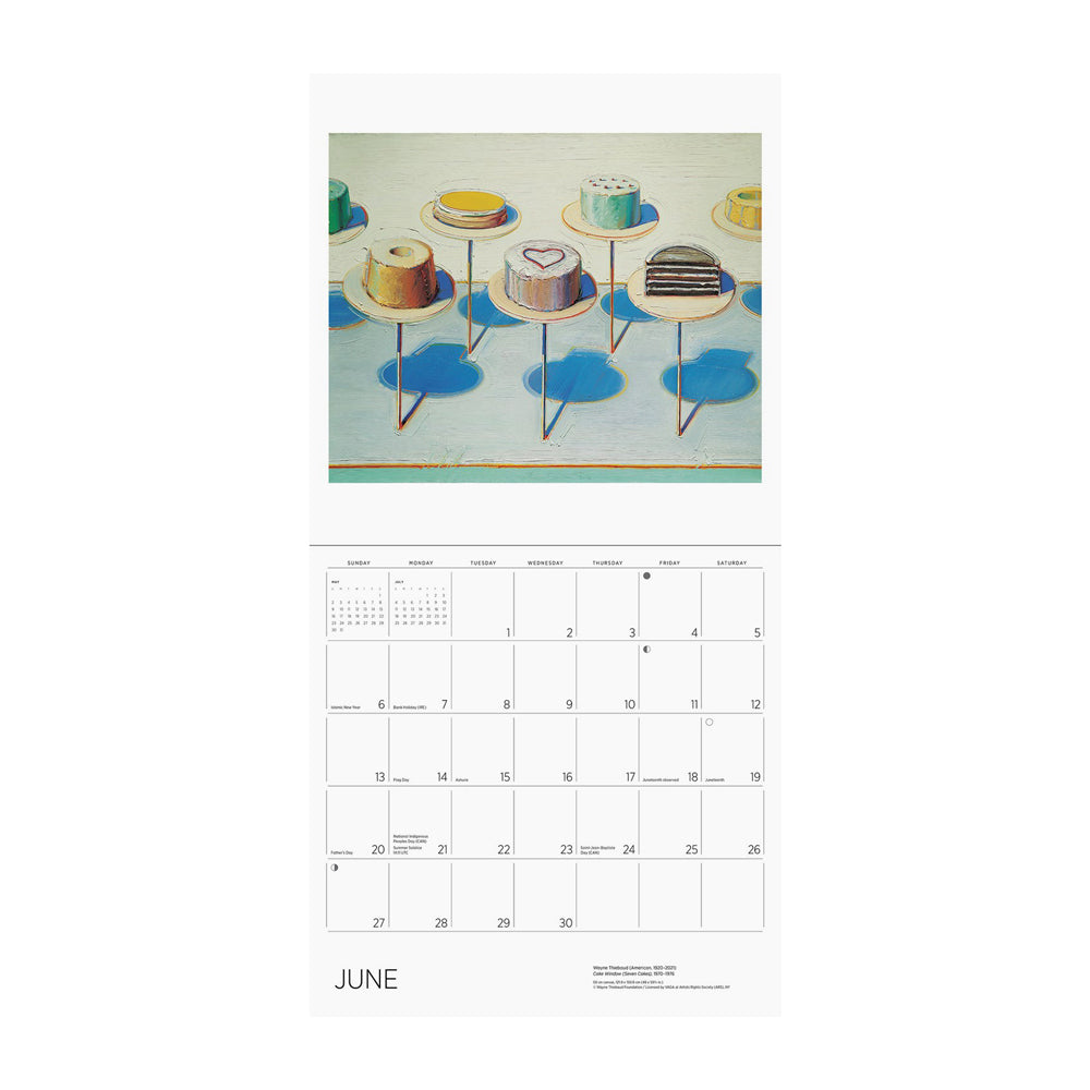 Calendar page for June with a painting of cakes on stands.