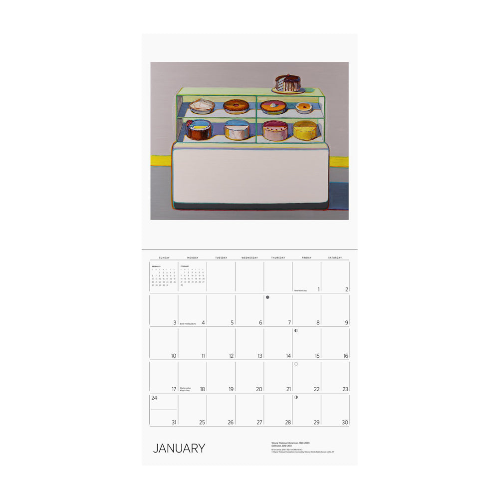 Calendar page for January with a painting of a shelf with cakes. 