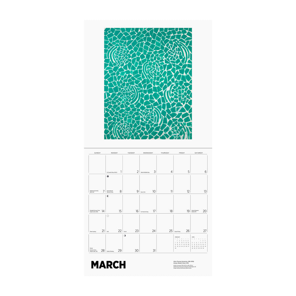 Calendar page for March with a green mosaic pattern.
