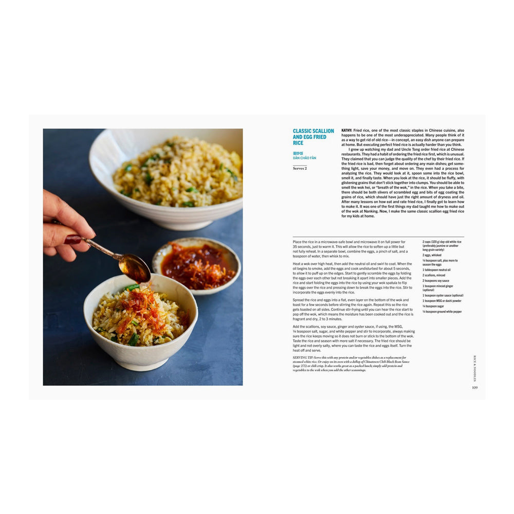 Interior pages featuring text and a photograph of two bowls of food with a spoon on a blue surface.