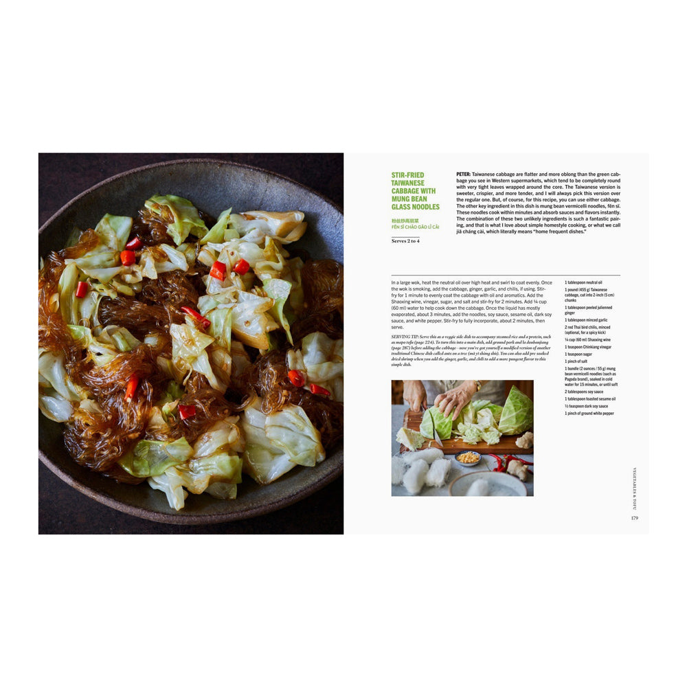Interior pages featuring text and a photograph of a dish of cabbage and noodles on a plate.