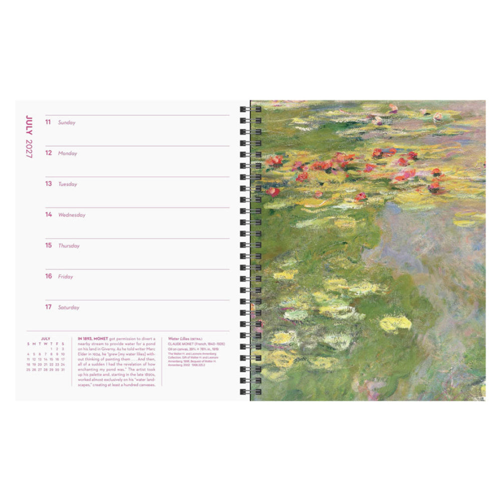 Interior spread: The right page features white calendar grid with horizontal lines for a week in July and the right page features a painting of water lilies. 