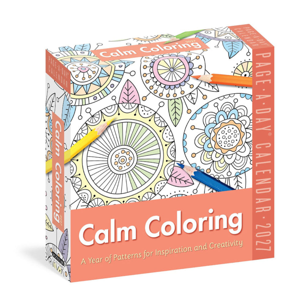 Front view of the packaging for the Calm Coloring Page-A-Day Calendar 2027. 