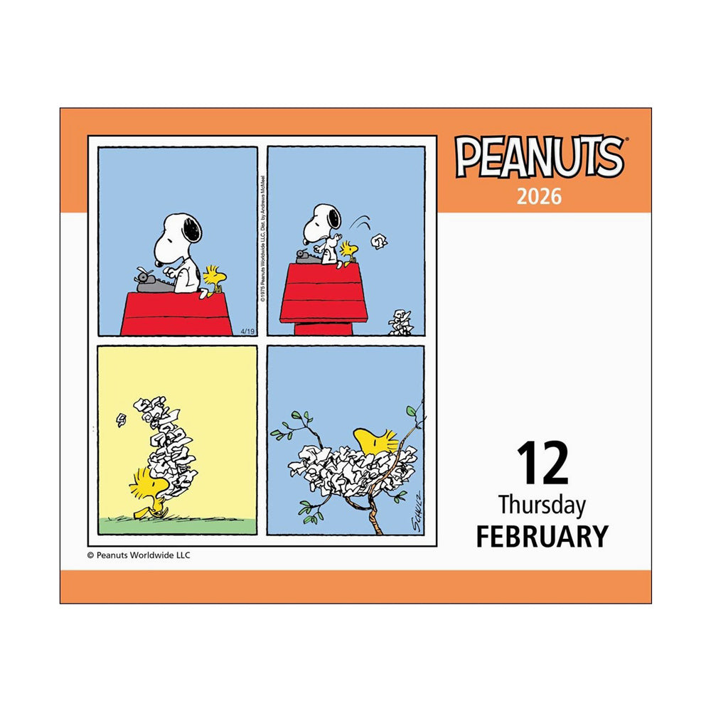 Peanuts-themed calendar page with Snoopy and Woodstock, featuring the month of February.