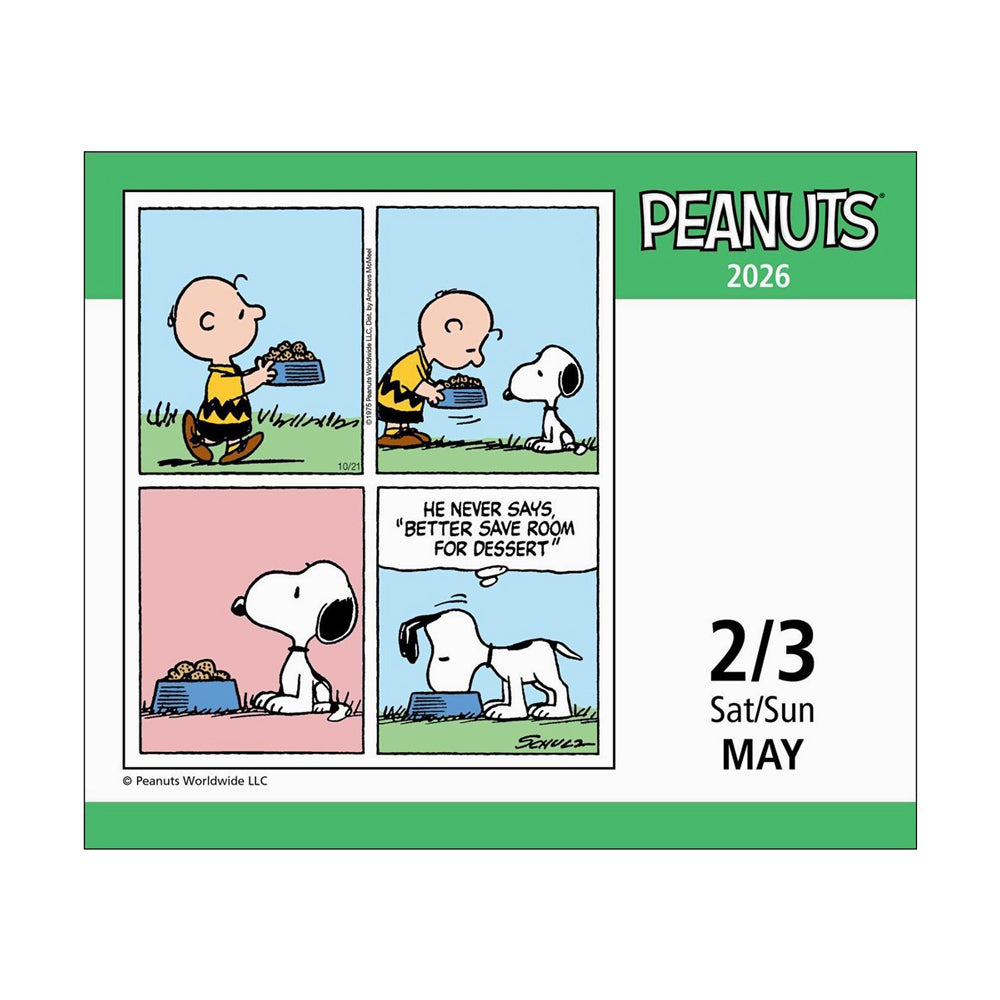 Peanuts-themed calendar page for May with comic strip panels featuring Charlie Brown and Snoopy.