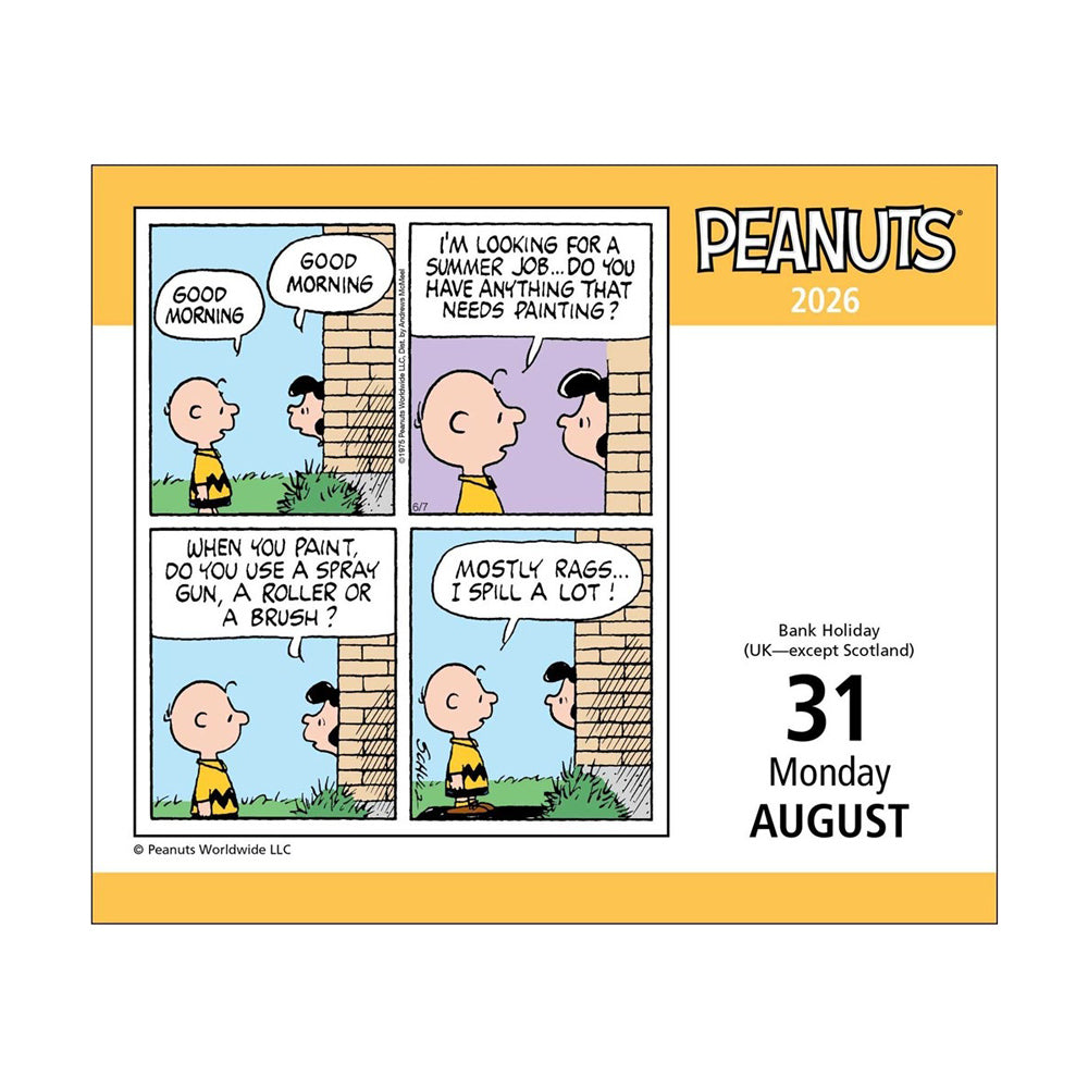 Peanuts-themed calendar page for August with comic strip panels featuring Charlie Brown and Lucy.