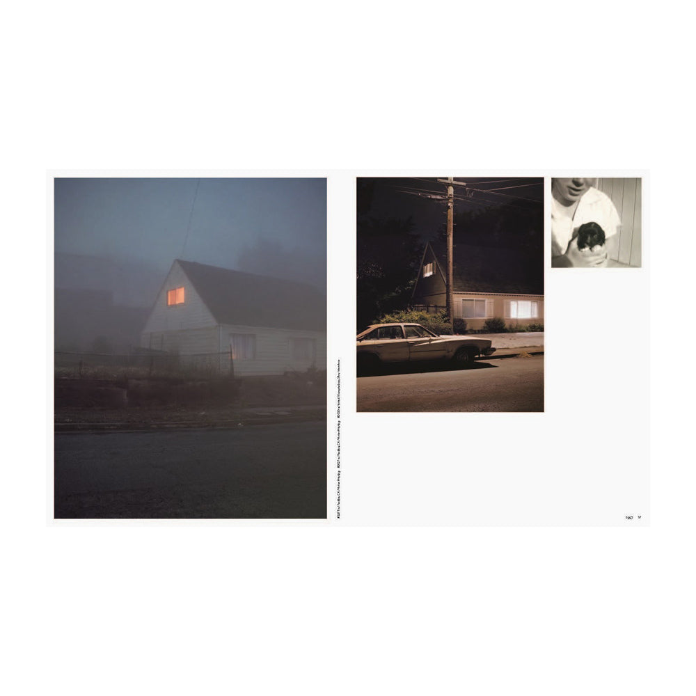 Interior pages featuring three photographs: a foggy rural scene, a car on a road at night, and a close-up of a person holding a puppy.