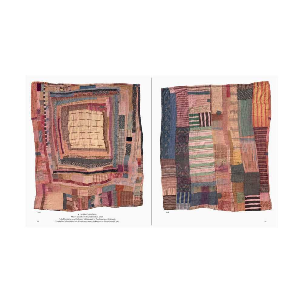 Interior pages featuring two patchwork quilts displayed side by side and text.