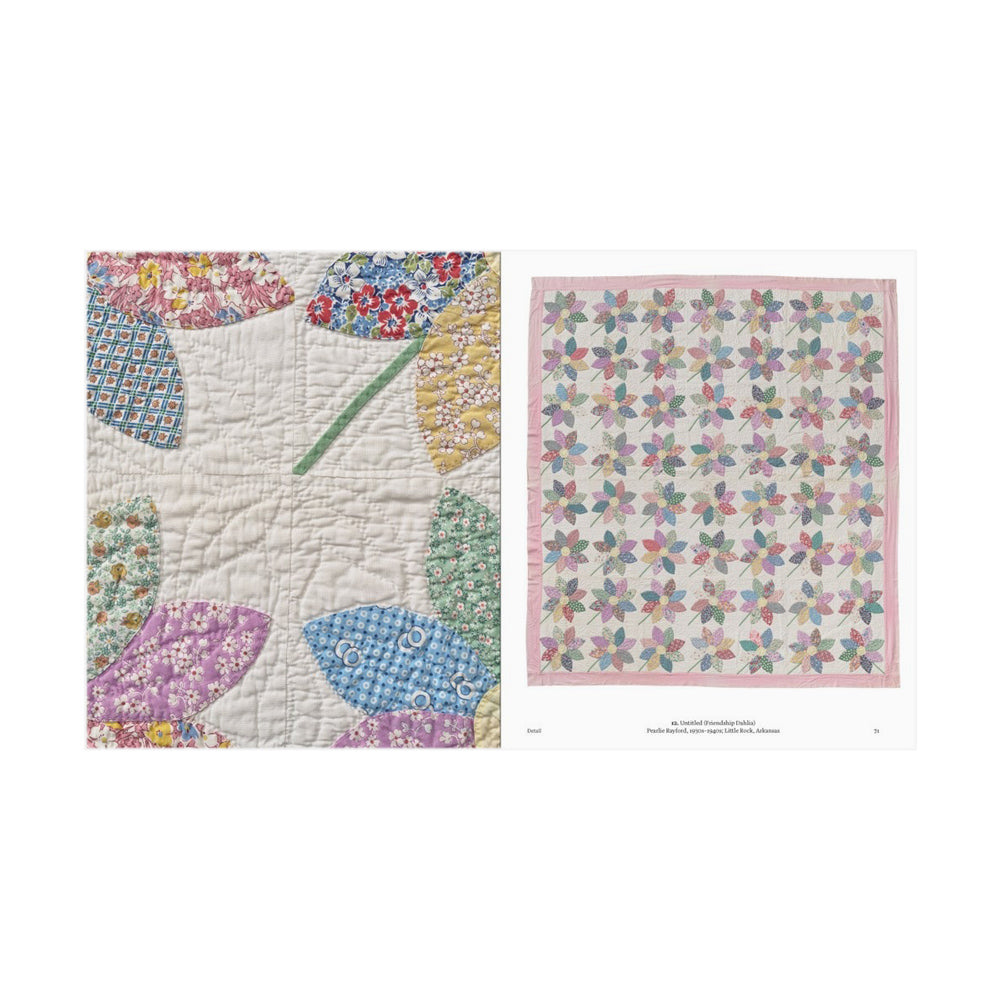 Interior pages featuring two floral quilts and text.