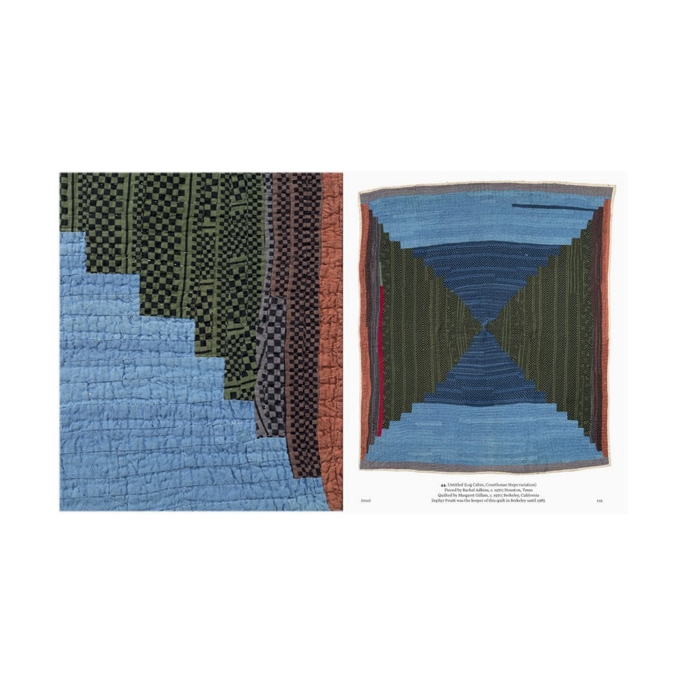 Interior pages showing a patchwork quilt and a close-up detail of the quilt’s pattern.