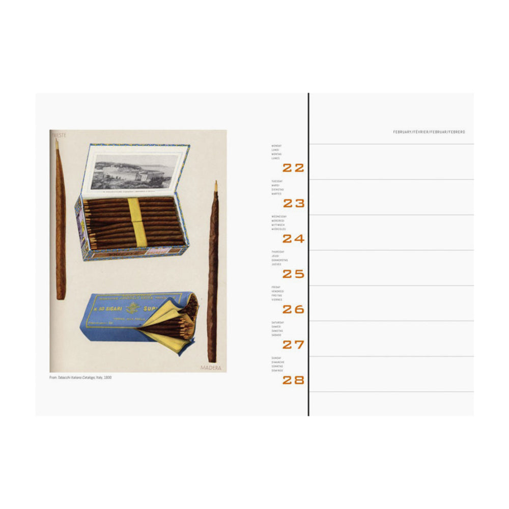 Interior spread: The left page features an illustration and right page features white calendar grid with horizontal lines for a week in February. 