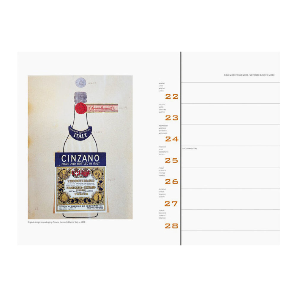 Interior spread: The left page features an illustration and right page features white calendar grid with horizontal lines for a week in November.