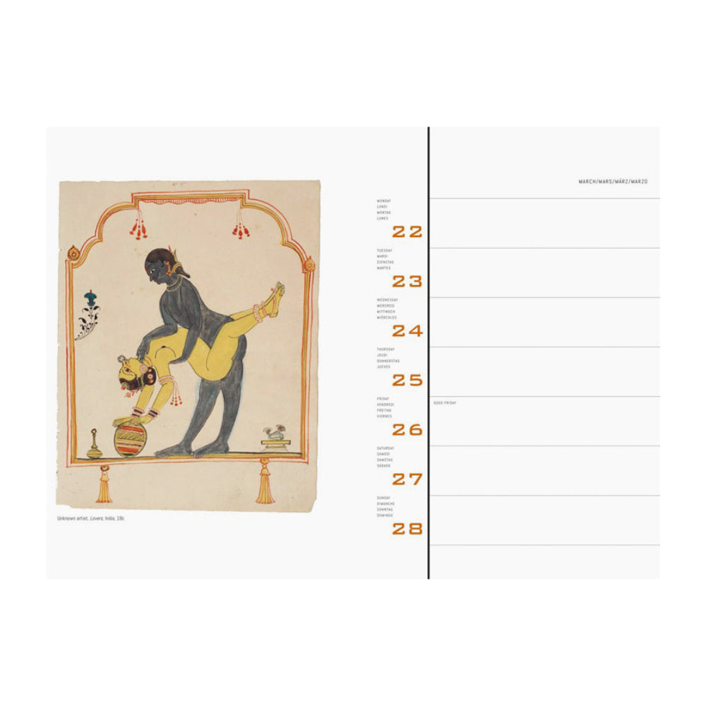 Interior spread: The left page features an illustration and right page features white calendar grid with horizontal lines for a week in March.