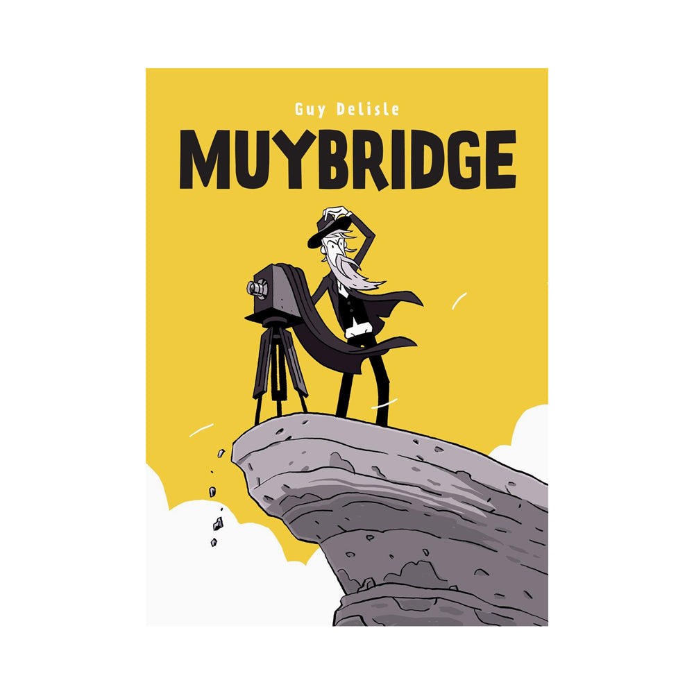 Book cover of 'Muybridge' by Guy Delisle with a yellow background and illustration of a person on a rock.