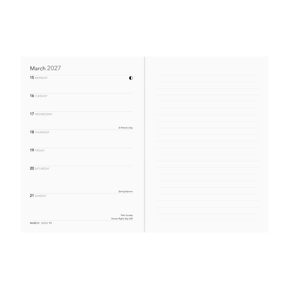 Interior spread: The left page features a  weekly timeline and the right page features a lined page.