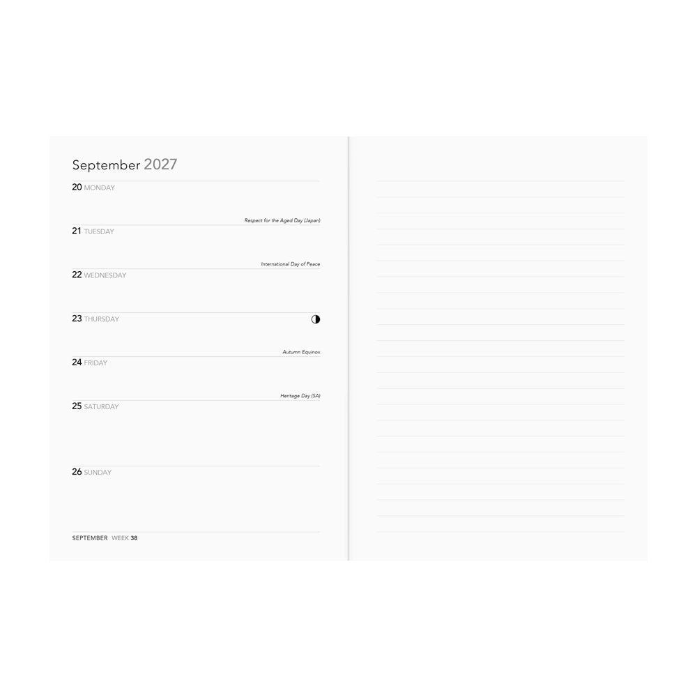 Interior spread: The left page features a  weekly timeline and the right page features a lined page. 