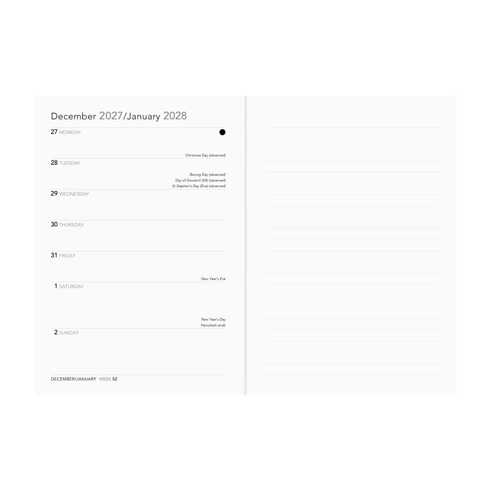 Interior spread: The left page features a  weekly timeline and the right page features a lined page. 