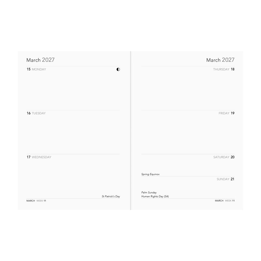 Interior spread: Left and right pages featuring a calendar grid with horizontal lines for a week in March.