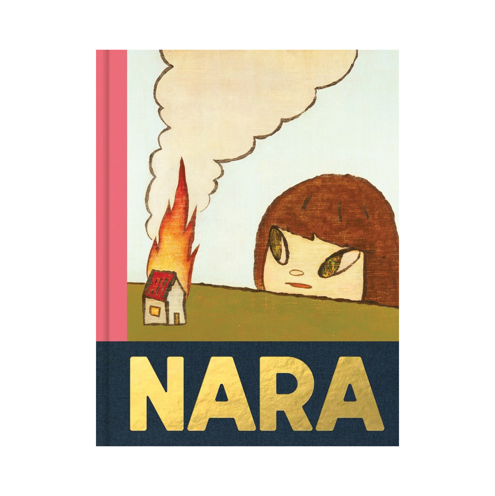 Front cover of 'NARA' featuring a illustration of a girl looking at a burning house.