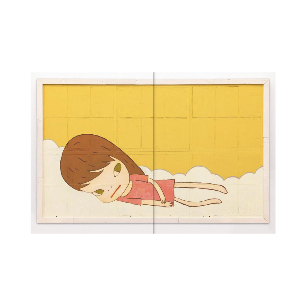 Interior pages featuring a painting of a girl lying on clouds with a yellow sky. 