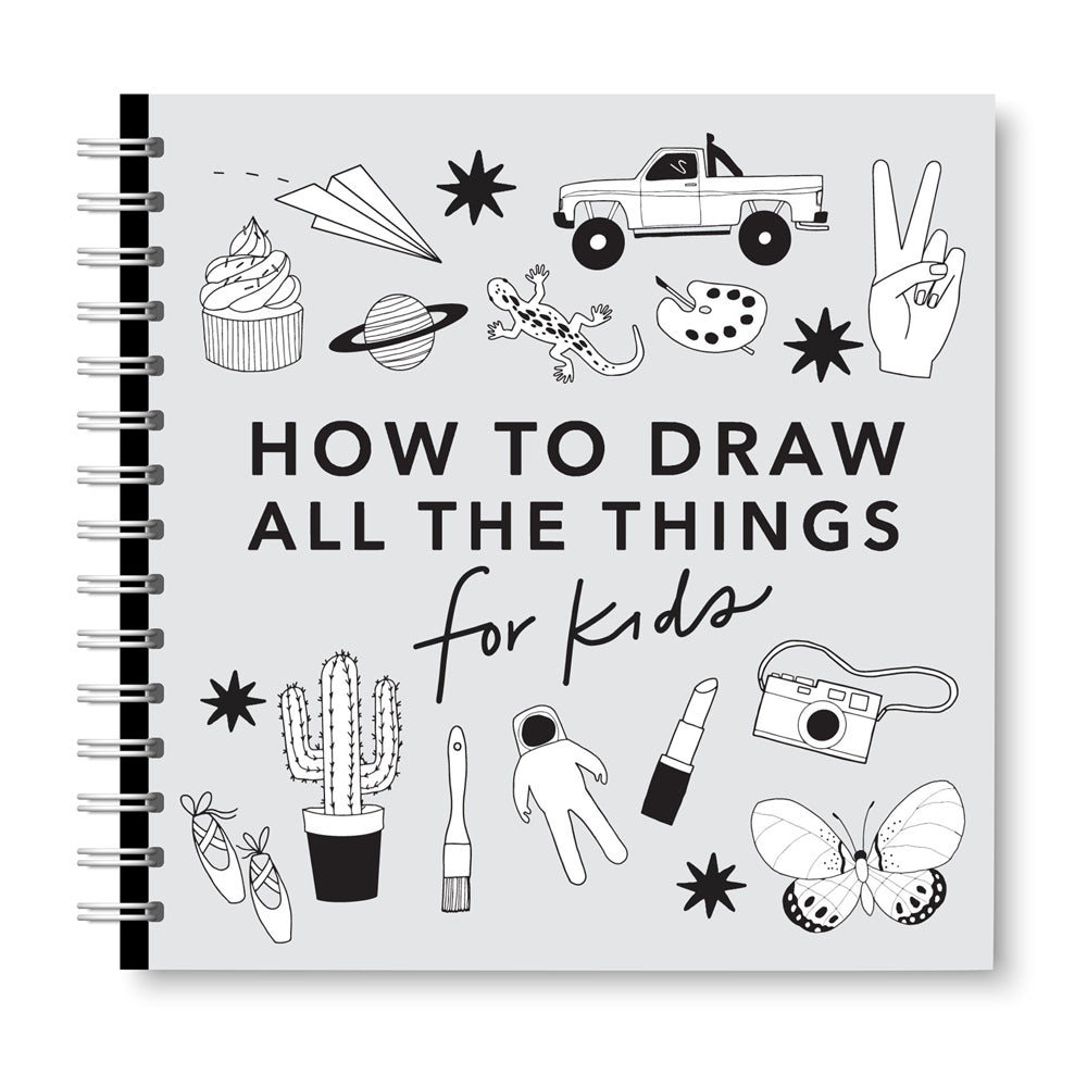 Book titled 'How to Draw All the Things for Kids' with black line art illustrations.