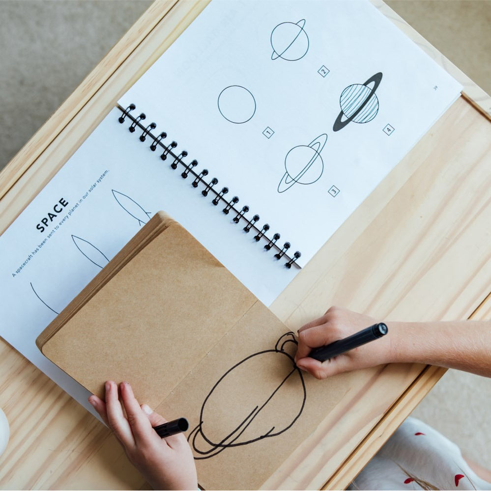 Person drawing a planet with step-by-step instructions.