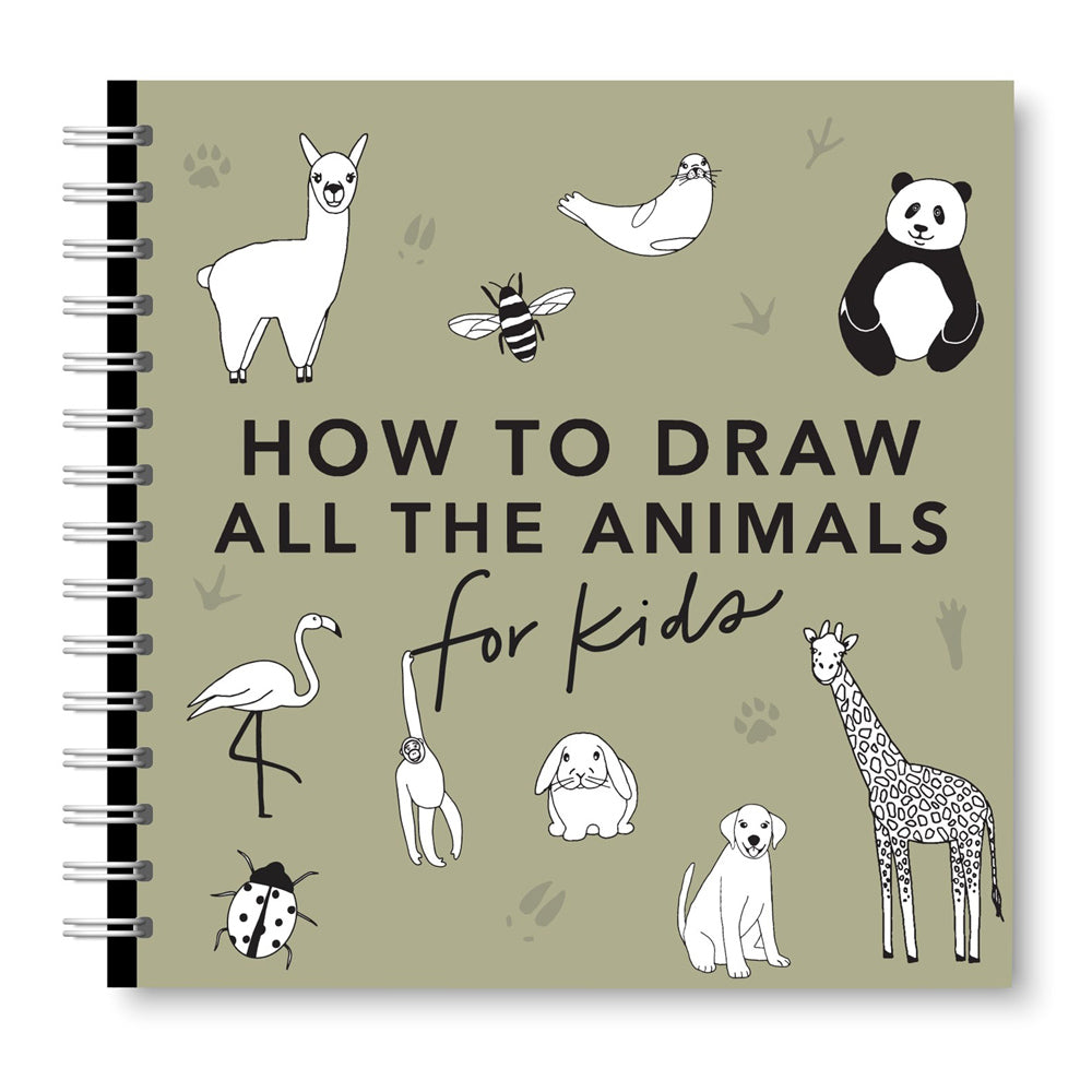 Book titled 'How to Draw All the Animals for Kids' with illustrations of various animals.