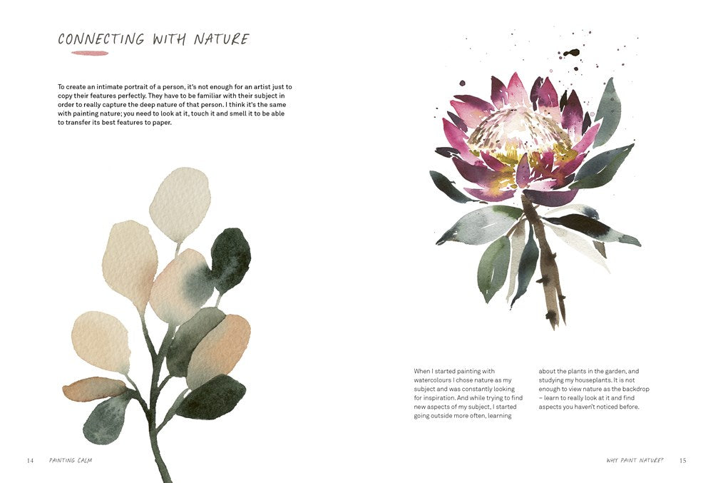 Book cover of 'Painting Calm' with watercolor leaves design on a white background