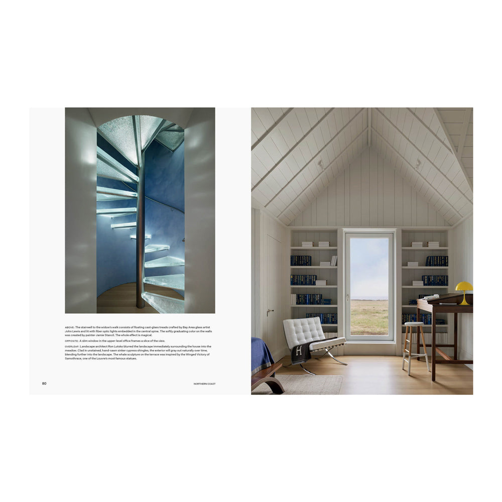 Interior page featuring two images: a spiral staircase and a modern room with a bookshelf and text.