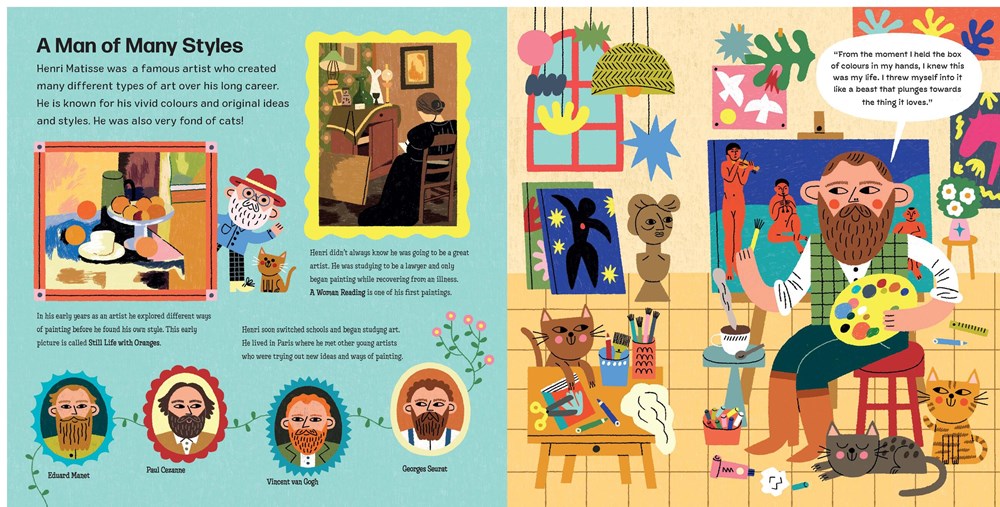 Book cover of 'Henri Matisse' pop-up book with colorful illustration of a man holding a cat on an orange background.