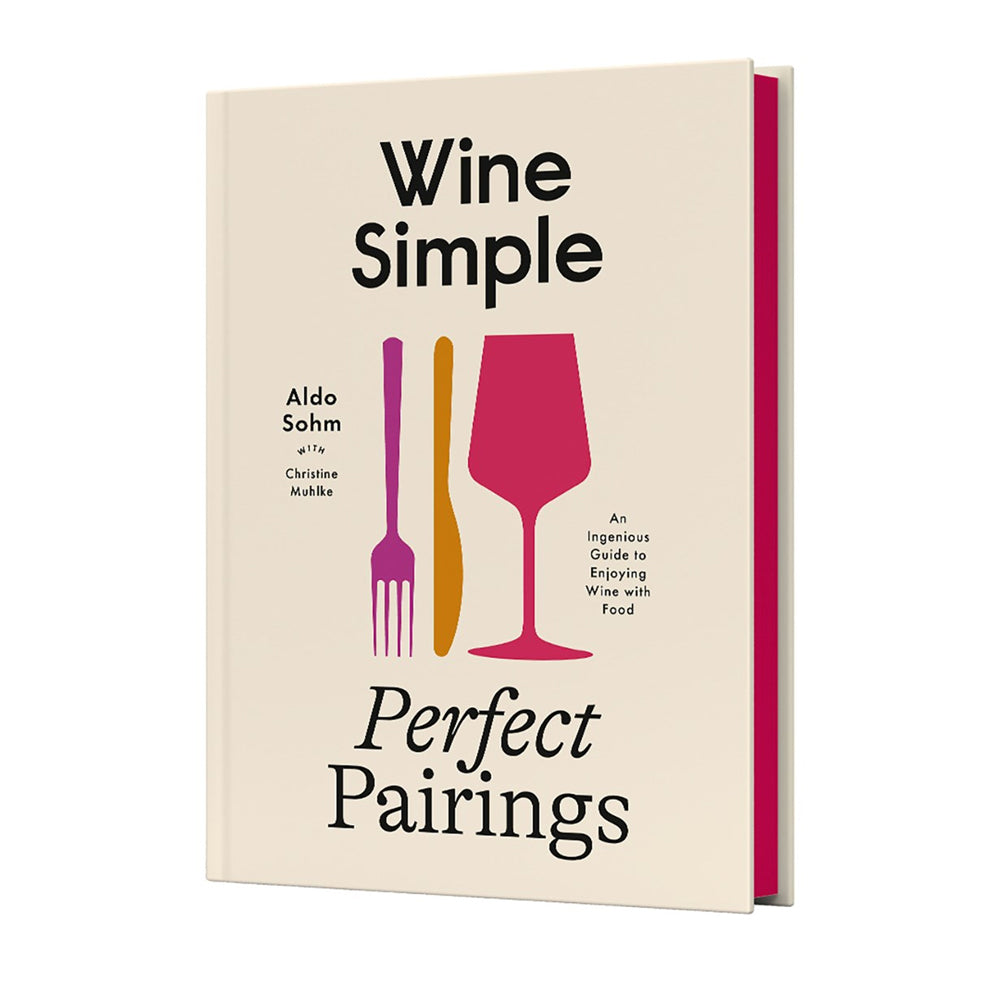 Book titled 'Wine Simple Perfect Pairings' with a fork, knife, and wine glass illustration on a beige background.