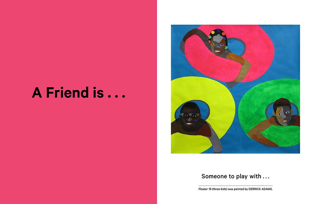 Book cover with colorful illustration of children playing and text about friends on a pink and blue background.