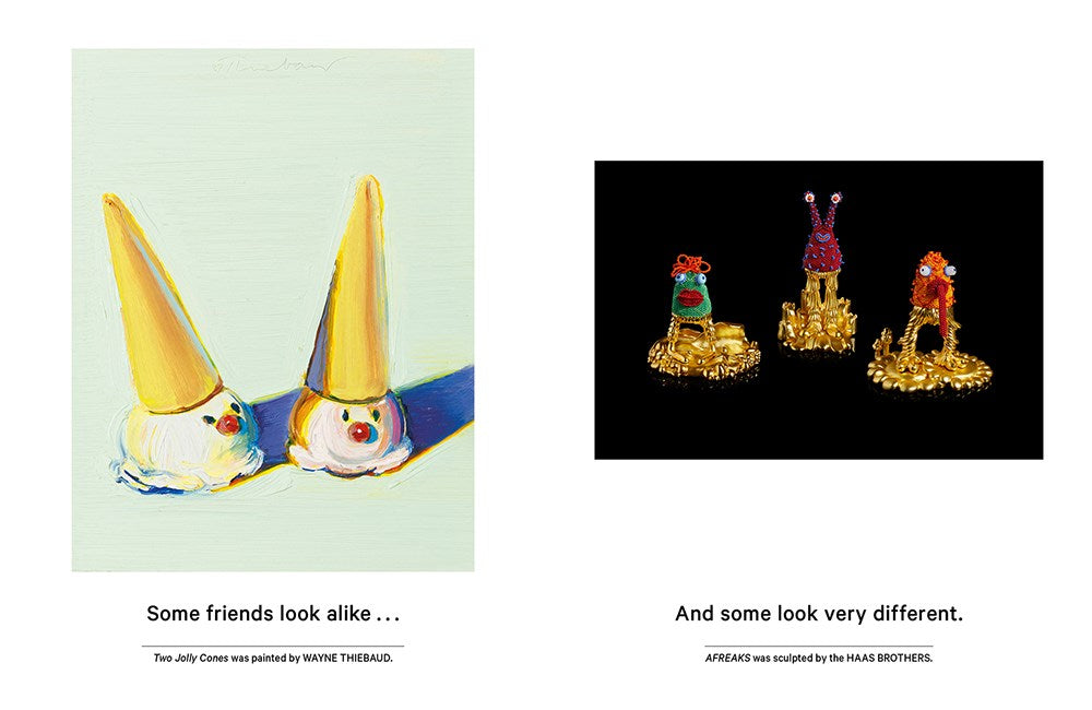 Two images of colorful figurines with text comparing similarities and differences.