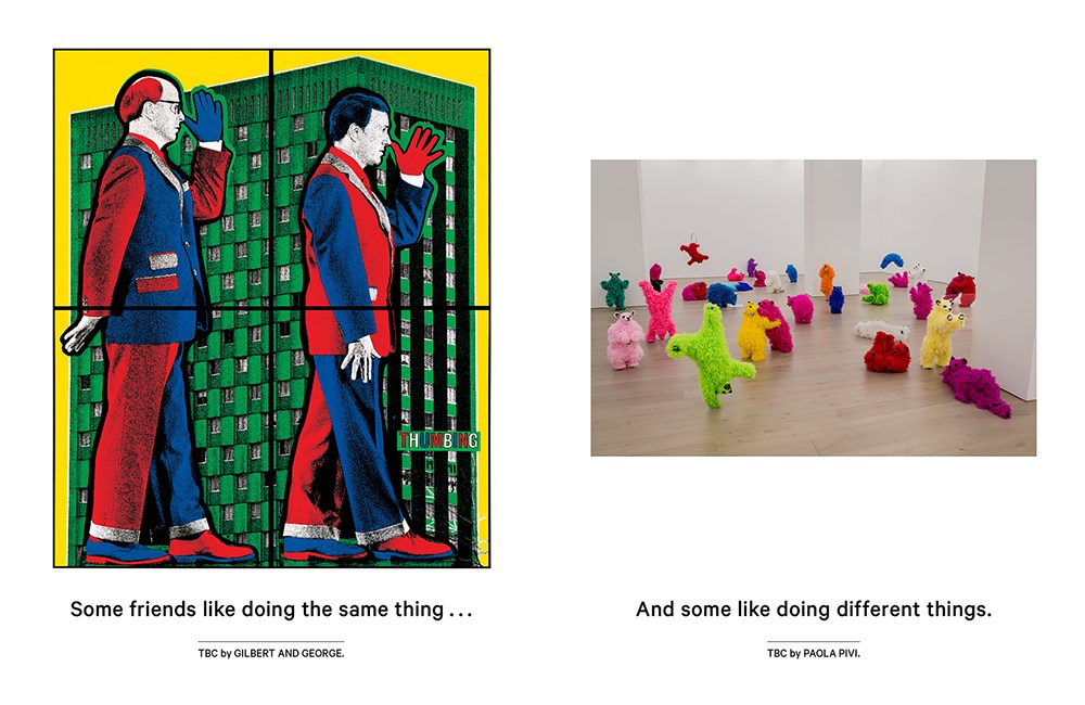 Two artistic illustrations of people and colorful figures in a room.