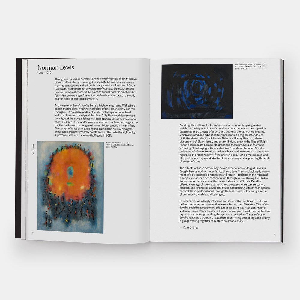 Open book with art and text on a white background