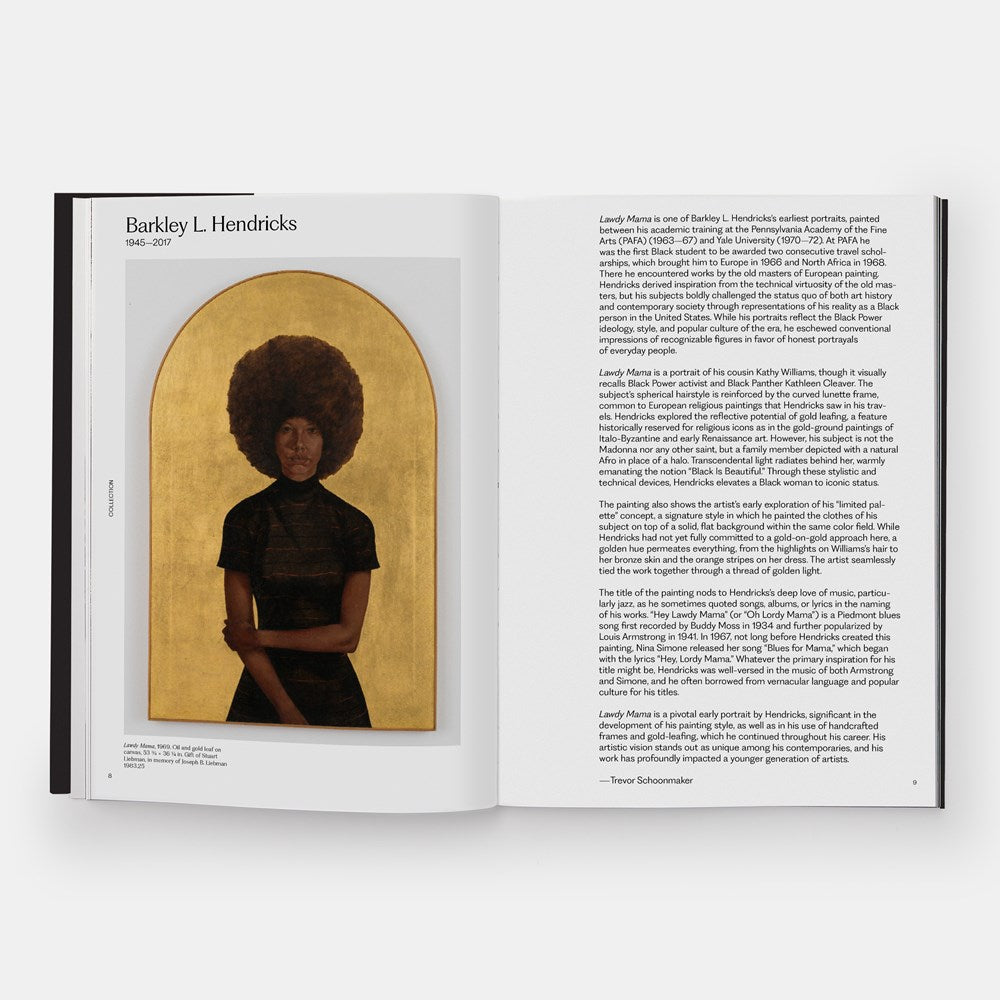 Open book with a portrait of a woman with an afro on a gold background and text on a white background.