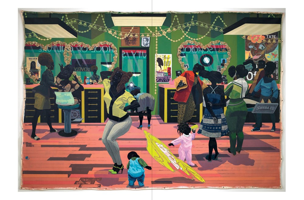 Artistic depiction of a lively barbershop with people getting haircuts and walking around.