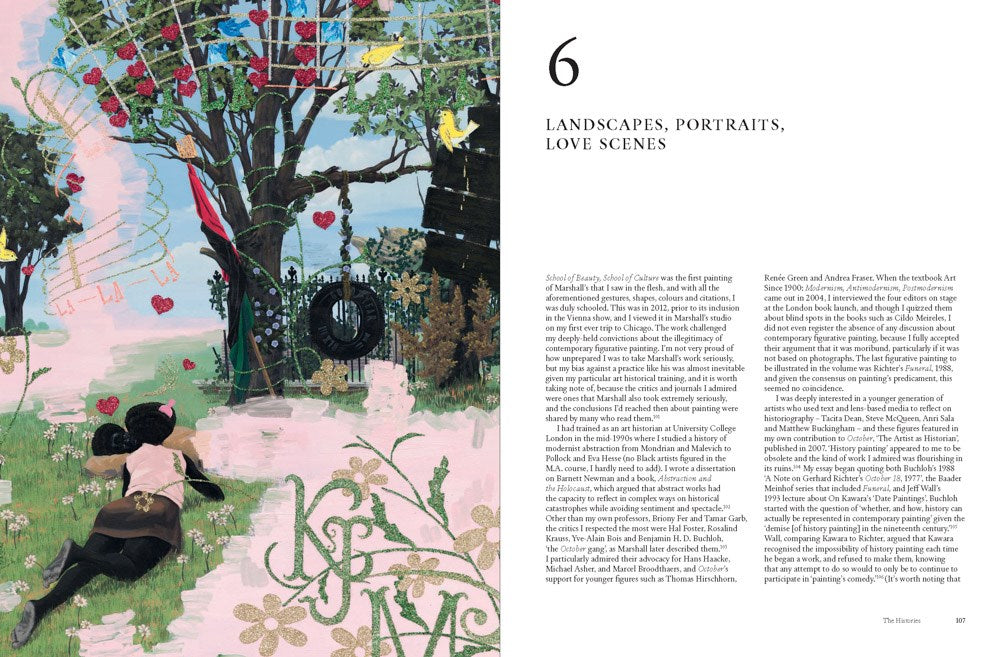 Illustrated book page with a romantic scene, text on landscapes, portraits, love scenes, and a person lying on grass.