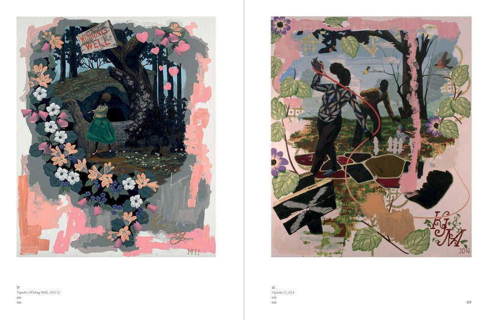 Two artistic illustrations side by side with floral and abstract elements.