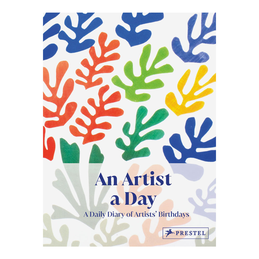 Colorful leaf patterned book titled 'An Artist a Day' by Prestel on a white background