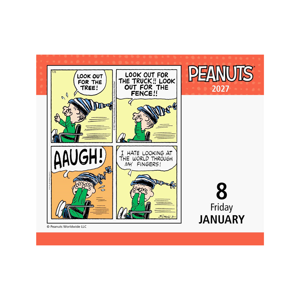 Peanuts 2027 calendar page for January 8th with comic strip design.