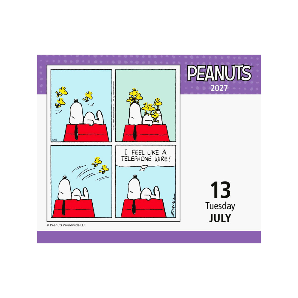 Peanuts 2027 calendar page for July 13th with comic strip design.