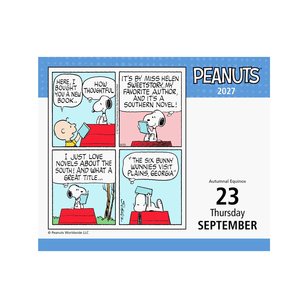 Peanuts 2027 calendar page for September 23rd with comic strip design.