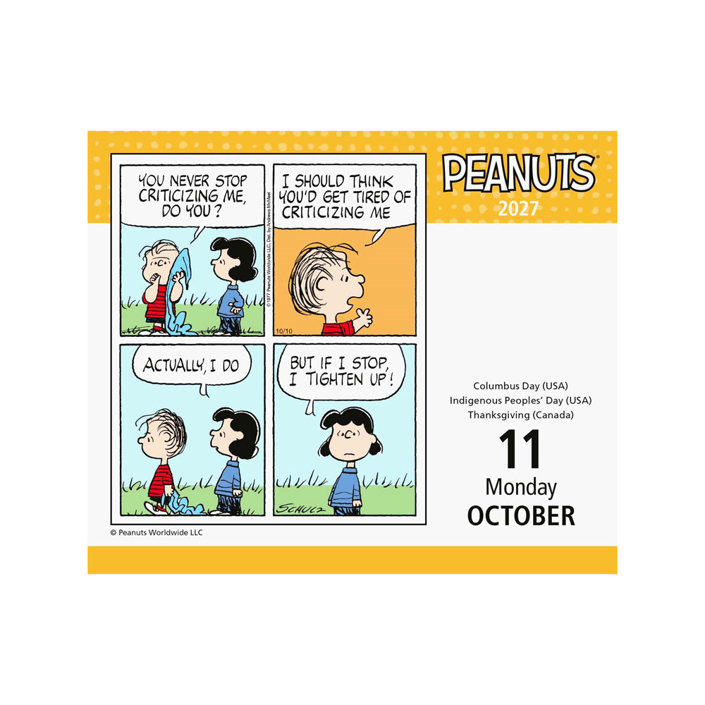 Peanuts 2027 calendar page for October 11th with comic strip design.