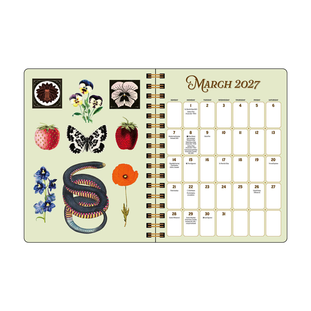 Interior spread: The left page features illustrations and right page features a calendar for the month of March. 