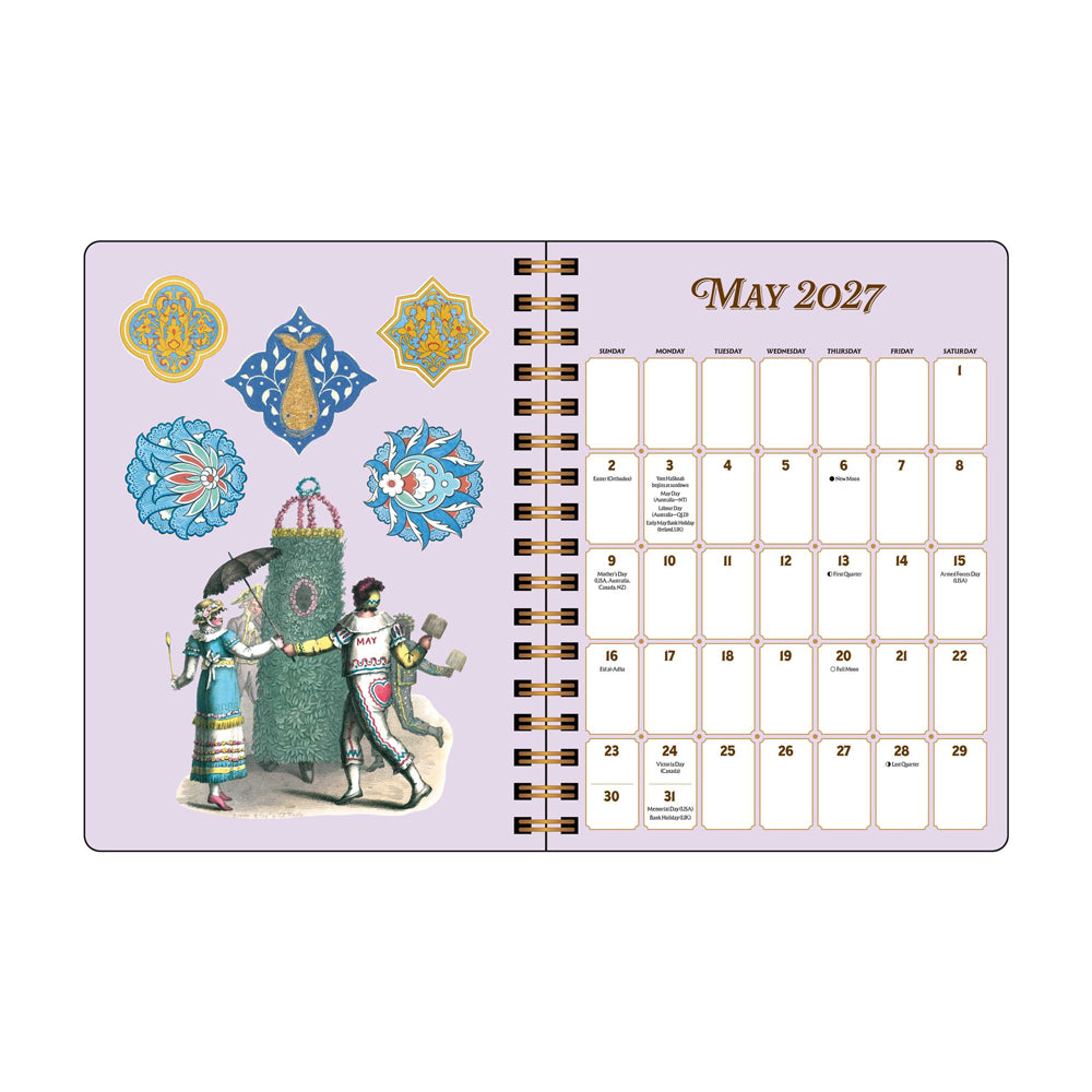 Interior spread: The left page features illustrations and right page features a calendar for the month of May. 