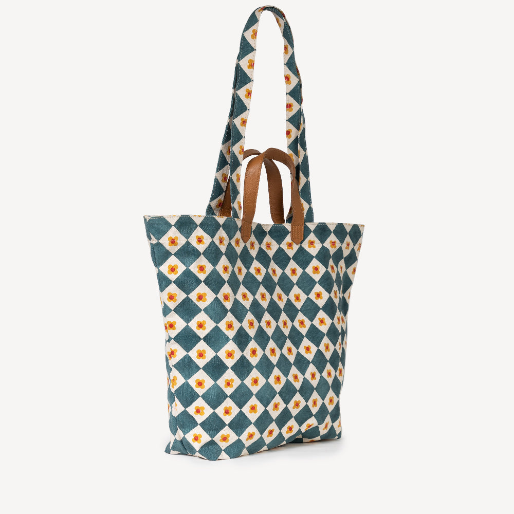 Tote bag with a geometric pattern on a white background